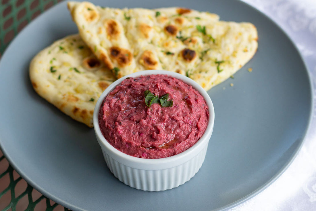 Healthy HeartBeets mix with homemade hummus and toasted naan bread for a delicious snack